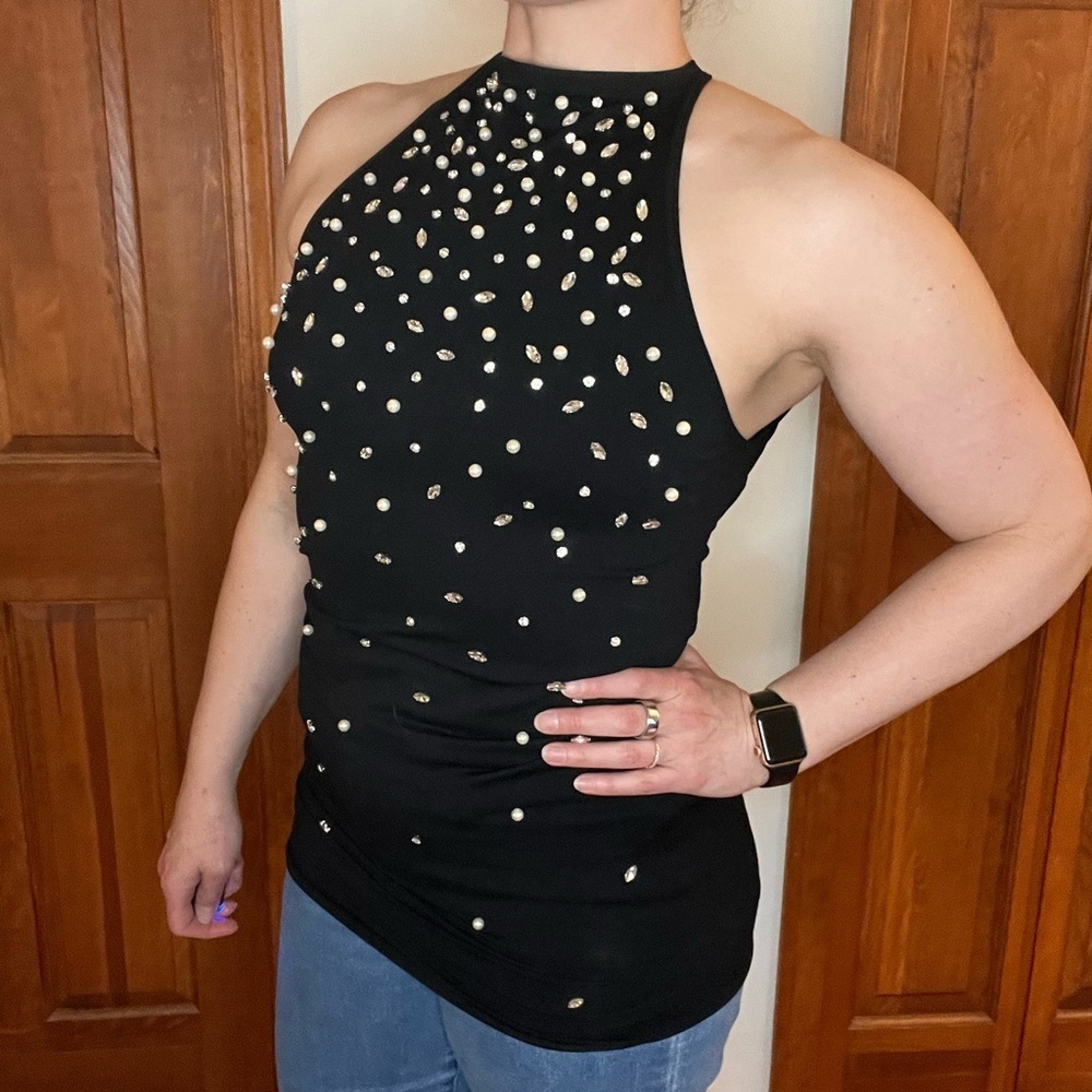 Zara Pearl And Rhinestone Form Fitting Mini Halter Dress New With Tags